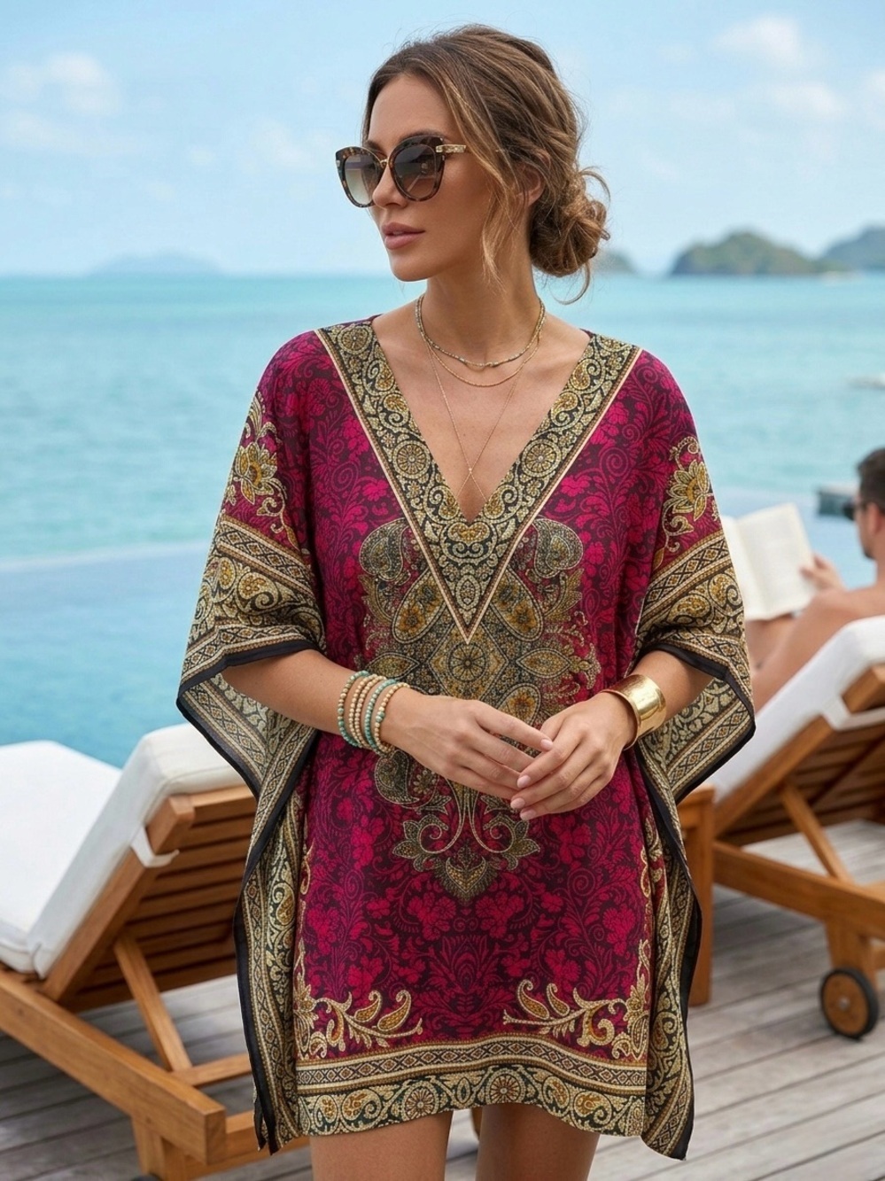 Vintage Sante Classics Paisley Kaftan | Boho Burgundy Jewel Tone Tunic OS